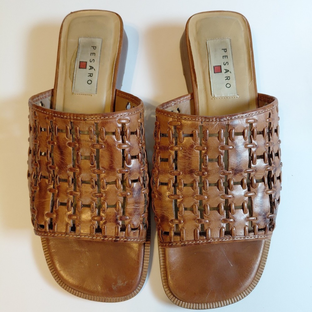 Pesaro Lattice Woven Leather Square Toe Slide Mule Sandal 7.5M Brazil